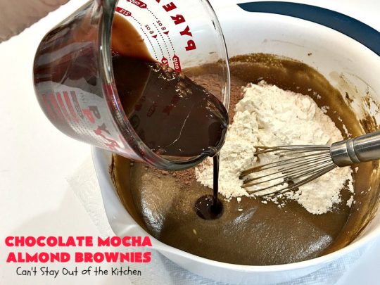 Chocolate Mocha Almond Brownies | Can't Stay Out of the Kitchen | #chocolate lovers & #coffee lovers are going to go crazy over these spectacular #brownies! This amazing #dessert is terrific for #tailgating parties, potlucks & summer #holiday fun. These brownies got two thumbs up when we made them. #ChocolateMochaAlmondBrownies #HolidayDessert #CoffeeDessert #ChocolateDessert