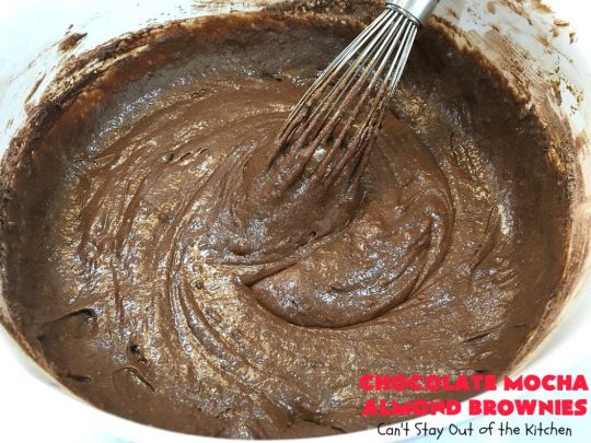 Chocolate Mocha Almond Brownies | Can't Stay Out of the Kitchen | #chocolate lovers & #coffee lovers are going to go crazy over these spectacular #brownies! This amazing #dessert is terrific for #tailgating parties, potlucks & summer #holiday fun. These brownies got two thumbs up when we made them. #ChocolateMochaAlmondBrownies #HolidayDessert #CoffeeDessert #ChocolateDessert