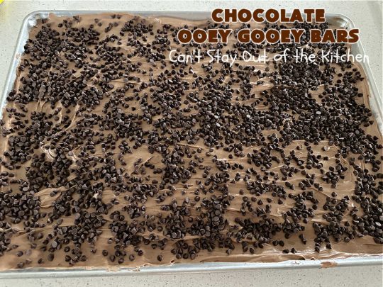 Chocolate Ooey Gooey Bars | Can't Stay Out of the Kitchen | You'll be raving over every drool-worthy bite of these fantastic #OoeyGooeyBars. They're made with 3 kinds of #chocolate & just ooze deliciousness in every bite. The #Cheesecake layer alone will leave you swooning! #cookie #brownie #tailgating #dessert, #CreamCheese #ChocolateChips #ChocolateDessert #HolidayDessert #OoeyGooeyDessert #ChocolateOoeyGooeyBars