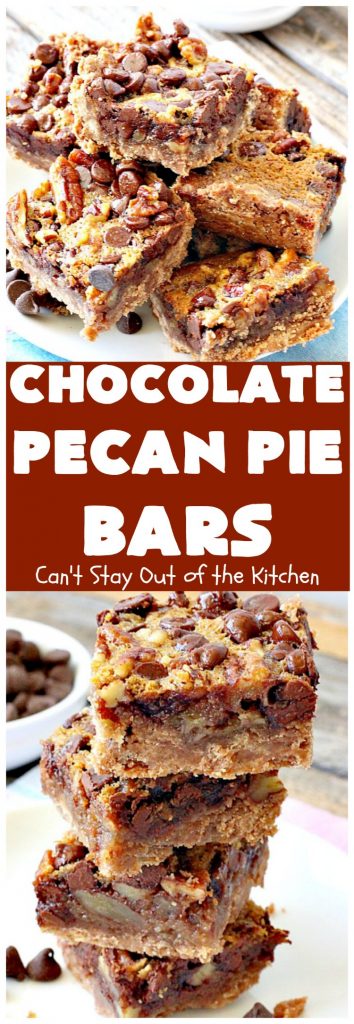 Chocolate Pecan Pie Bars | Can't Stay Out of the Kitchen | these favorite #brownies taste like #pecanpie with #chocolate. They are absolutely divine! Perfect for #holiday parties, potlucks and backyard BBQs. #dessert