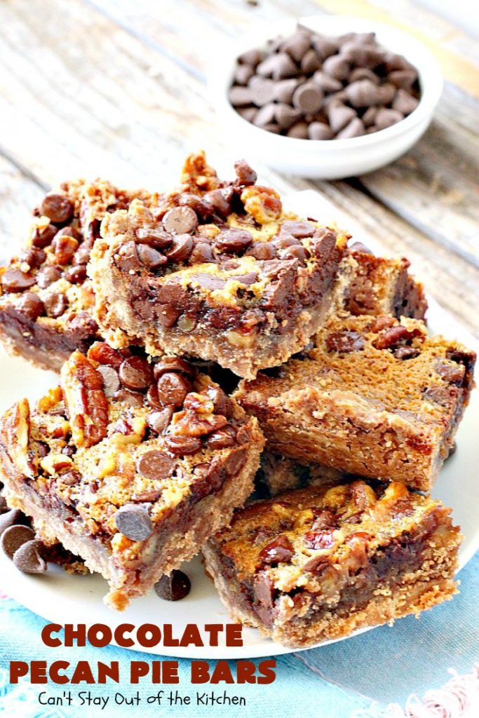 Chocolate Pecan Pie Bars | Can't Stay Out of the Kitchen | these favorite #brownies taste like #pecanpie with #chocolate. They are absolutely divine! Perfect for #holiday parties, potlucks and backyard BBQs. #dessert