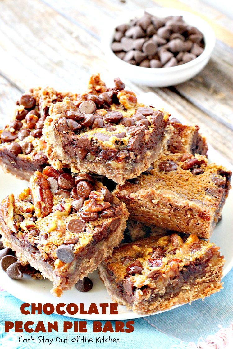 Chocolate Pecan Pie Bars | Can't Stay Out of the Kitchen | these favorite #brownies taste like #pecanpie with #chocolate. They are absolutely divine! Perfect for #holiday parties, potlucks and backyard BBQs. #dessert
