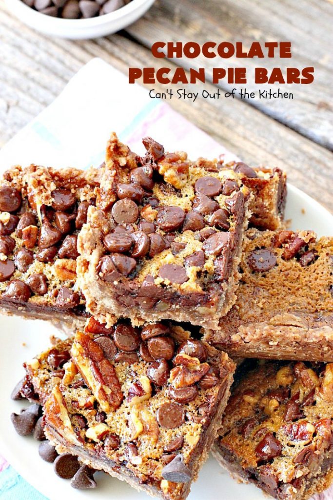 Chocolate Pecan Pie Bars | Can't Stay Out of the Kitchen | these favorite #brownies taste like #pecanpie with #chocolate. They are absolutely divine! Perfect for #holiday parties, potlucks and backyard BBQs. #dessert