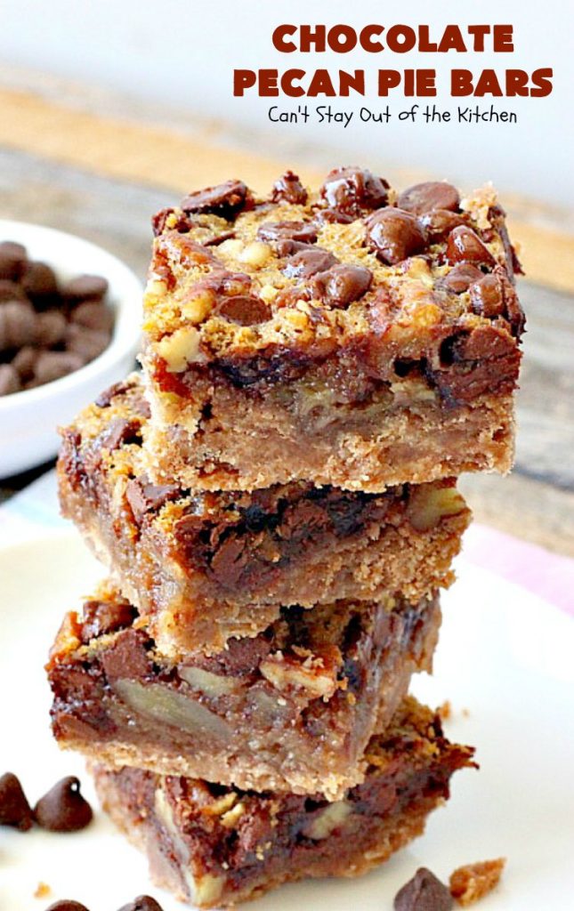 Chocolate Pecan Pie Bars | Can't Stay Out of the Kitchen | these favorite #brownies taste like #pecanpie with #chocolate. They are absolutely divine! Perfect for #holiday parties, potlucks and backyard BBQs. #dessert