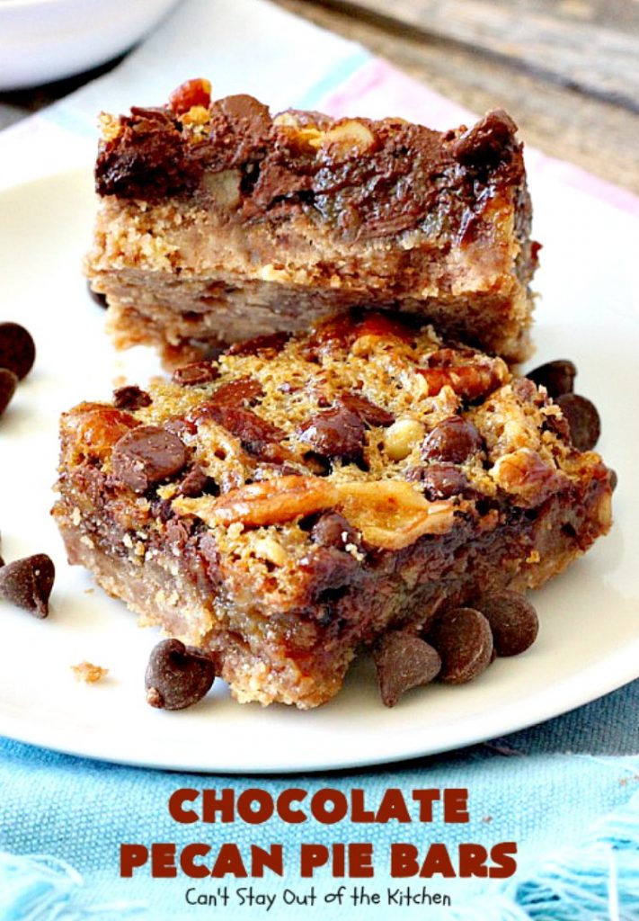 Chocolate Pecan Pie Bars | Can't Stay Out of the Kitchen | these favorite #brownies taste like #pecanpie with #chocolate. They are absolutely divine! Perfect for #holiday parties, potlucks and backyard BBQs. #dessert