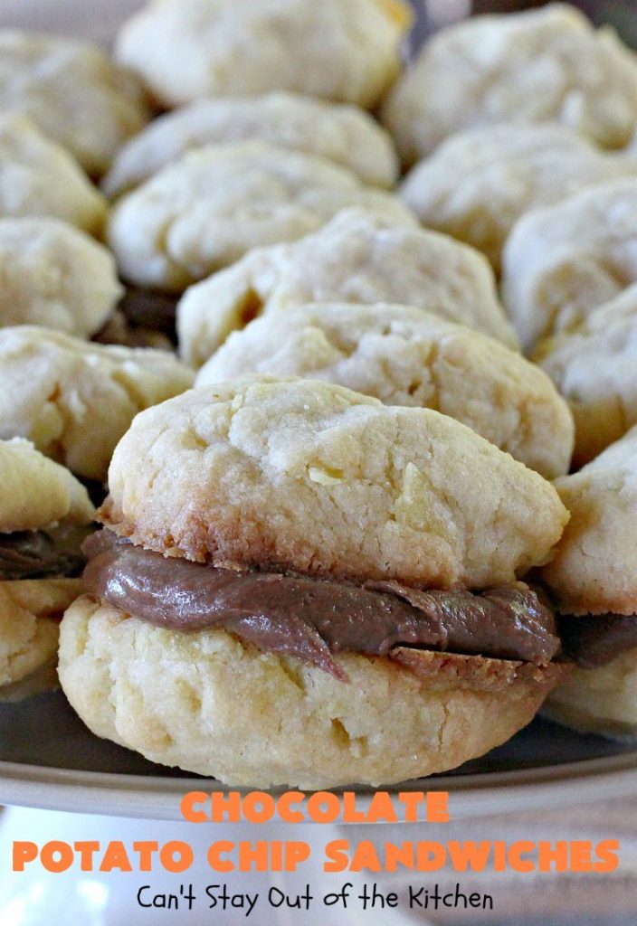 Chocolate Potato Chip Sandwiches | Can't Stay Out of the Kitchen | these #cookies are awesome! They start with a #potatochip cookie & have a luscious #chocolate frosting between them. This dessert is terrific for #fall or #Halloween baking or #christmas cookie exchanges.