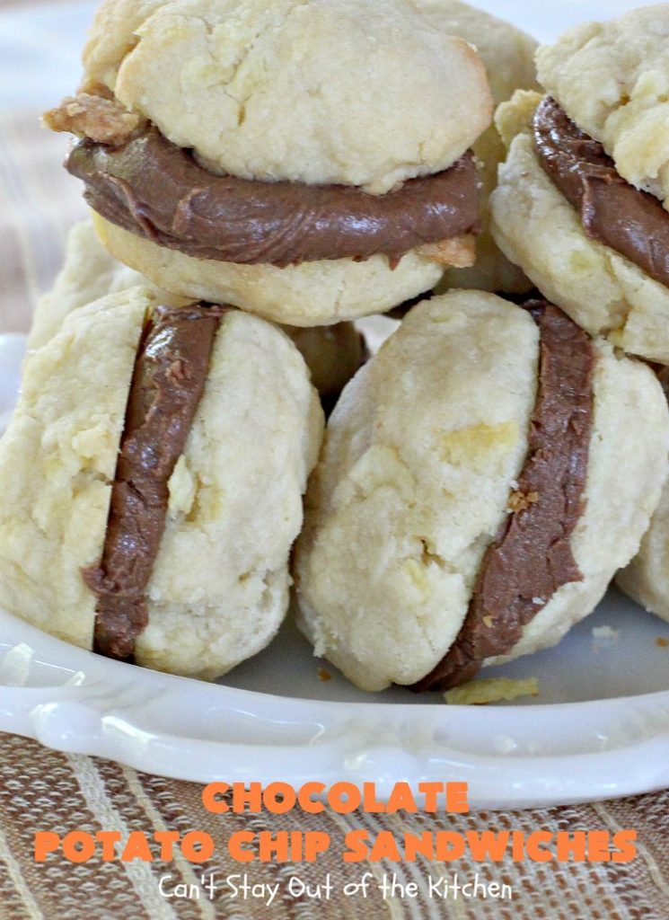 Chocolate Potato Chip Sandwiches | Can't Stay Out of the Kitchen | these #cookies are awesome! They start with a #potatochip cookie & have a luscious #chocolate frosting between them. This dessert is terrific for #fall or #Halloween baking or #christmas cookie exchanges.