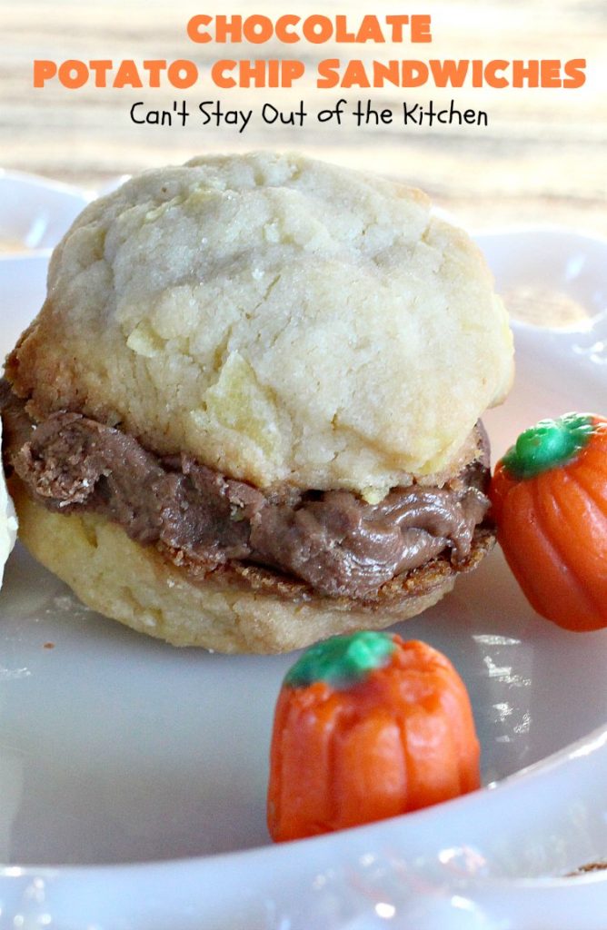 Chocolate Potato Chip Sandwiches | Can't Stay Out of the Kitchen | these #cookies are awesome! They start with a #potatochip cookie & have a luscious #chocolate frosting between them. This dessert is terrific for #fall or #Halloween baking or #christmas cookie exchanges.