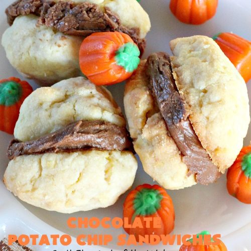 Chocolate Potato Chip Sandwiches | Can't Stay Out of the Kitchen | these #cookies are awesome! They start with a #potatochip cookie & have a luscious #chocolate frosting between them. This dessert is terrific for #fall or #Halloween baking or #christmas cookie exchanges.