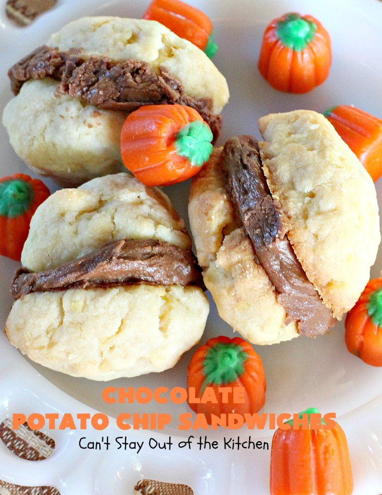 Chocolate Potato Chip Sandwiches | Can't Stay Out of the Kitchen | these #cookies are awesome! They start with a #potatochip cookie & have a luscious #chocolate frosting between them. This dessert is terrific for #fall or #Halloween baking or #christmas cookie exchanges.