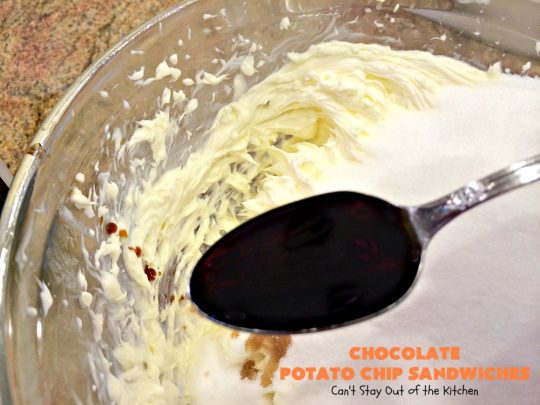 Chocolate Potato Chip Sandwiches | Can't Stay Out of the Kitchen | these #cookies are awesome! They start with a #potatochip cookie & have a luscious #chocolate frosting between them. This dessert is terrific for #fall or #Halloween baking or #christmas cookie exchanges.