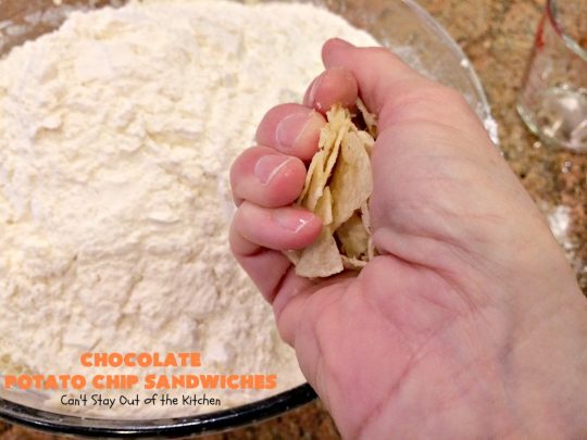 Chocolate Potato Chip Sandwiches | Can't Stay Out of the Kitchen | these #cookies are awesome! They start with a #potatochip cookie & have a luscious #chocolate frosting between them. This dessert is terrific for #fall or #Halloween baking or #christmas cookie exchanges.