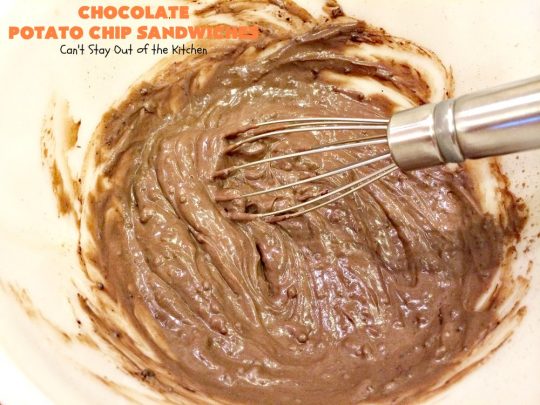 Chocolate Potato Chip Sandwiches | Can't Stay Out of the Kitchen | these #cookies are awesome! They start with a #potatochip cookie & have a luscious #chocolate frosting between them. This dessert is terrific for #fall or #Halloween baking or #christmas cookie exchanges.