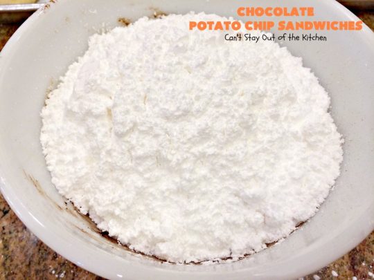 Chocolate Potato Chip Sandwiches | Can't Stay Out of the Kitchen | these #cookies are awesome! They start with a #potatochip cookie & have a luscious #chocolate frosting between them. This dessert is terrific for #fall or #Halloween baking or #christmas cookie exchanges.