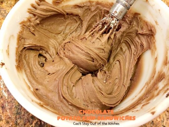 Chocolate Potato Chip Sandwiches | Can't Stay Out of the Kitchen | these #cookies are awesome! They start with a #potatochip cookie & have a luscious #chocolate frosting between them. This dessert is terrific for #fall or #Halloween baking or #christmas cookie exchanges.
