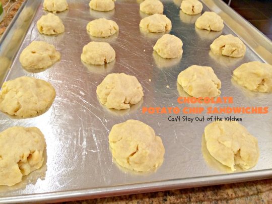 Chocolate Potato Chip Sandwiches | Can't Stay Out of the Kitchen | these #cookies are awesome! They start with a #potatochip cookie & have a luscious #chocolate frosting between them. This dessert is terrific for #fall or #Halloween baking or #christmas cookie exchanges.