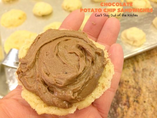 Chocolate Potato Chip Sandwiches | Can't Stay Out of the Kitchen | these #cookies are awesome! They start with a #potatochip cookie & have a luscious #chocolate frosting between them. This dessert is terrific for #fall or #Halloween baking or #christmas cookie exchanges.