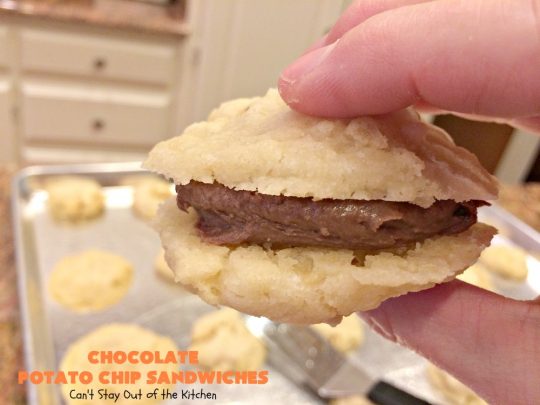 Chocolate Potato Chip Sandwiches | Can't Stay Out of the Kitchen | these #cookies are awesome! They start with a #potatochip cookie & have a luscious #chocolate frosting between them. This dessert is terrific for #fall or #Halloween baking or #christmas cookie exchanges.