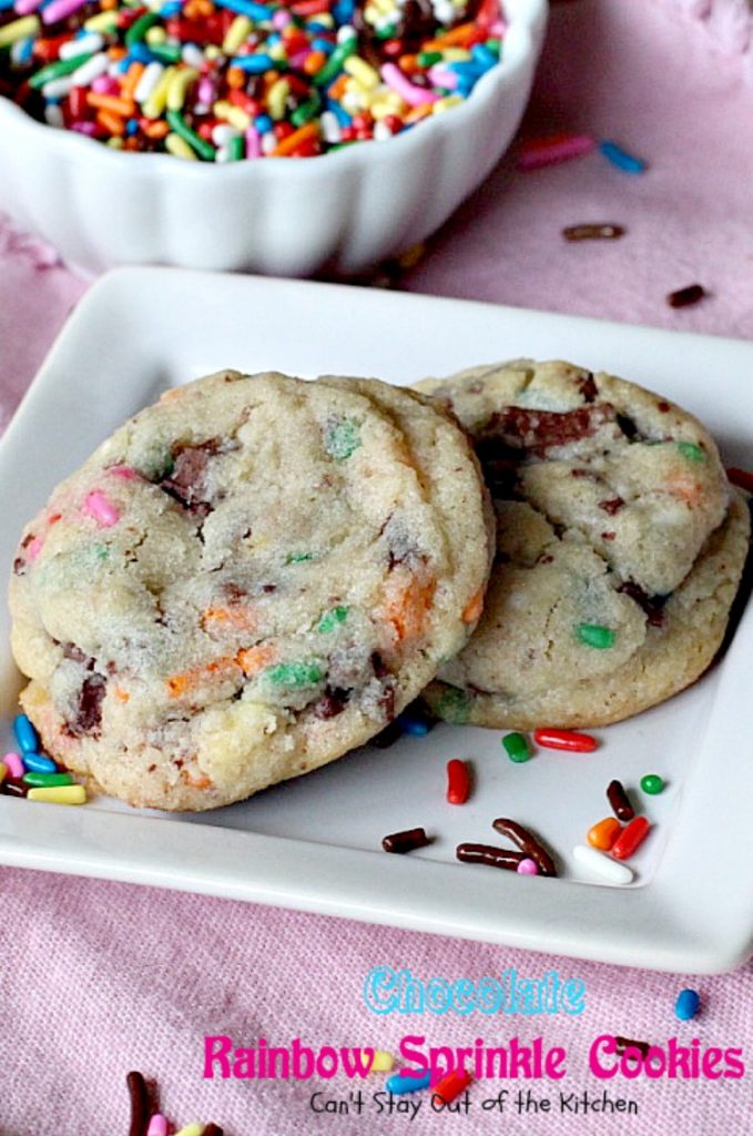 Chocolate Rainbow Sprinkle Cookies | Can't Stay Out of the Kitchen | these sensational #cookies are made with #ghirardelli #chocolate and #rainbowsprinkles. Amazing! #dessert