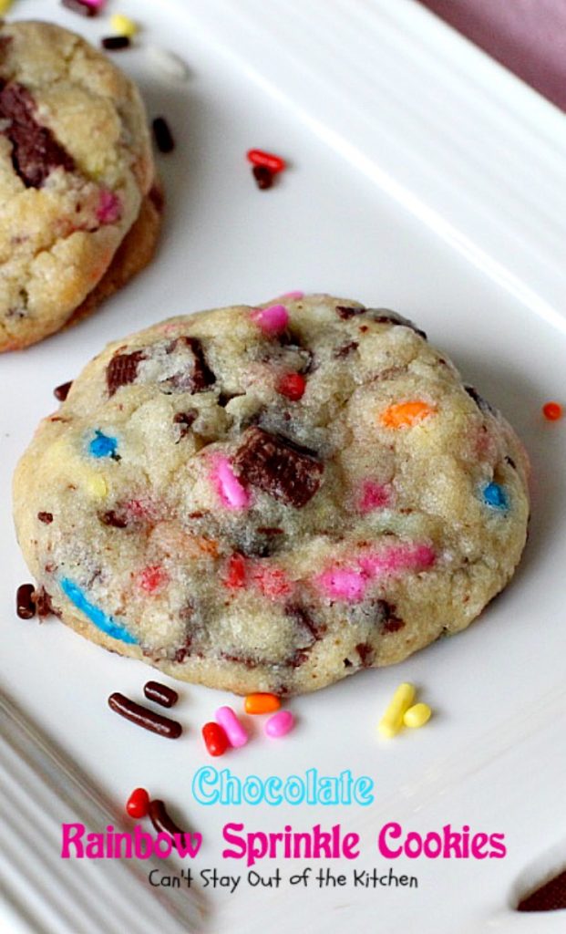 Chocolate Rainbow Sprinkle Cookies | Can't Stay Out of the Kitchen | these sensational #cookies are made with #ghirardelli #chocolate and #rainbowsprinkles. Amazing! #dessert