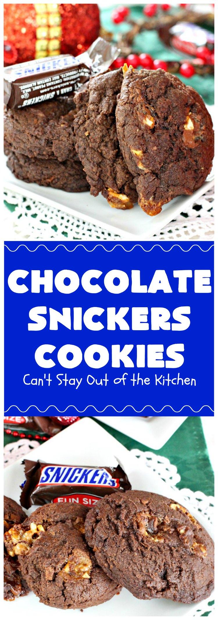Chocolate Snickers Cookies | Can't Stay Out of the Kitchen | these #chocolate #cookies are fantastic. They're loaded with #SnickersBars so they're filled with #caramel nougat & #peanuts. Terrific for #tailgating or office parties, potlucks or #holiday baking & a #ChristmasCookie Exchange. #dessert #ChocolateDessert #SnickersDessert #HolidayDessert #Snickers #ChocolateSnickersCookies