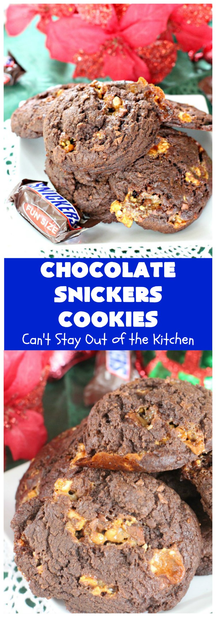 Chocolate Snickers Cookies | Can't Stay Out of the Kitchen | these #chocolate #cookies are fantastic. They're loaded with #SnickersBars so they're filled with #caramel nougat & #peanuts. Terrific for #tailgating or office parties, potlucks or #holiday baking & a #ChristmasCookie Exchange. #dessert #ChocolateDessert #SnickersDessert #HolidayDessert #Snickers #ChocolateSnickersCookies