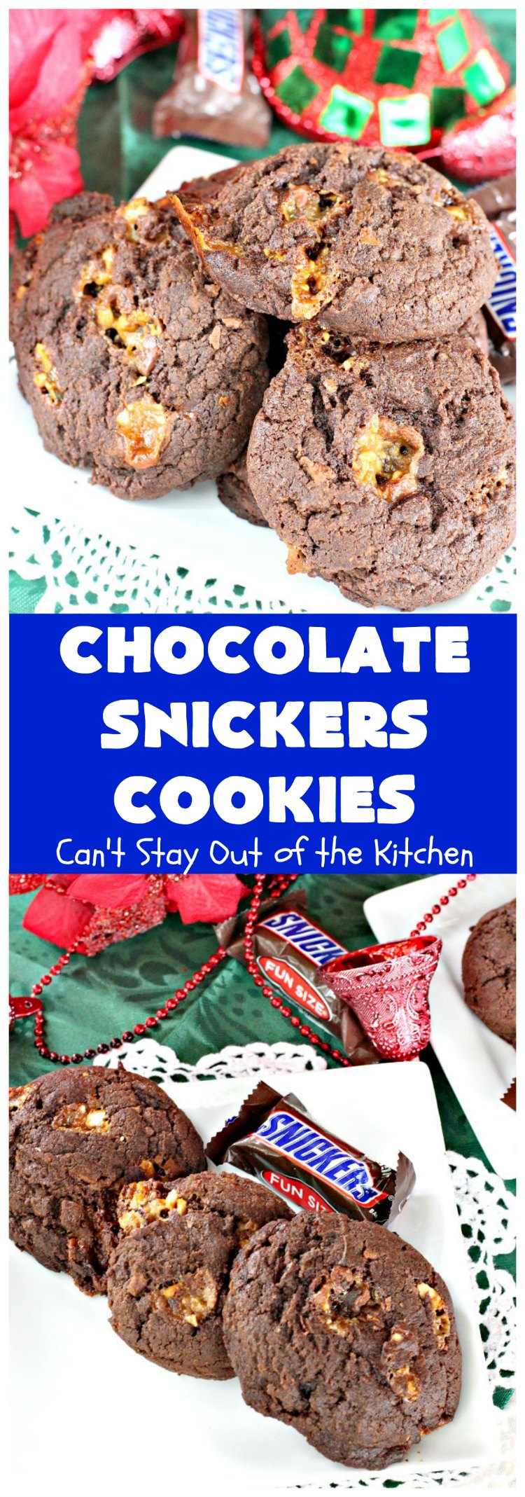 Chocolate Snickers Cookies | Can't Stay Out of the Kitchen | these #chocolate #cookies are fantastic. They're loaded with #SnickersBars so they're filled with #caramel nougat & #peanuts. Terrific for #tailgating or office parties, potlucks or #holiday baking & a #ChristmasCookie Exchange. #dessert #ChocolateDessert #SnickersDessert #HolidayDessert #Snickers #ChocolateSnickersCookies