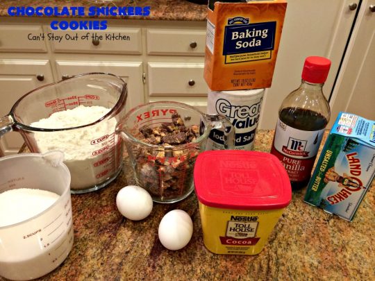 Chocolate Snickers Cookies | Can't Stay Out of the Kitchen | these #chocolate #cookies are fantastic. They're loaded with #SnickersBars so they're filled with #caramel nougat & #peanuts. Terrific for #tailgating or office parties, potlucks or #holiday baking & a #ChristmasCookie Exchange. #dessert #ChocolateDessert #SnickersDessert #HolidayDessert #Snickers #ChocolateSnickersCookies