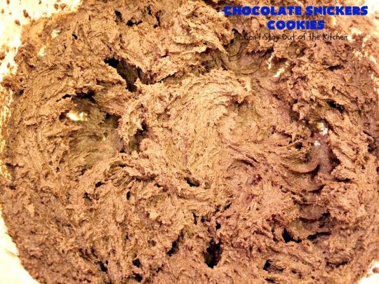 Chocolate Snickers Cookies | Can't Stay Out of the Kitchen | these #chocolate #cookies are fantastic. They're loaded with #SnickersBars so they're filled with #caramel nougat & #peanuts. Terrific for #tailgating or office parties, potlucks or #holiday baking & a #ChristmasCookie Exchange. #dessert #ChocolateDessert #SnickersDessert #HolidayDessert #Snickers #ChocolateSnickersCookies