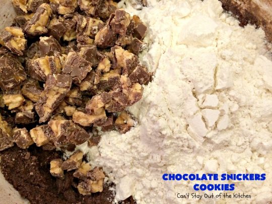 Chocolate Snickers Cookies | Can't Stay Out of the Kitchen | these #chocolate #cookies are fantastic. They're loaded with #SnickersBars so they're filled with #caramel nougat & #peanuts. Terrific for #tailgating or office parties, potlucks or #holiday baking & a #ChristmasCookie Exchange. #dessert #ChocolateDessert #SnickersDessert #HolidayDessert #Snickers #ChocolateSnickersCookies