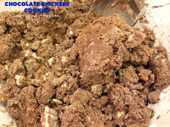 Chocolate Snickers Cookies | Can't Stay Out of the Kitchen | these #chocolate #cookies are fantastic. They're loaded with #SnickersBars so they're filled with #caramel nougat & #peanuts. Terrific for #tailgating or office parties, potlucks or #holiday baking & a #ChristmasCookie Exchange. #dessert #ChocolateDessert #SnickersDessert #HolidayDessert #Snickers #ChocolateSnickersCookies