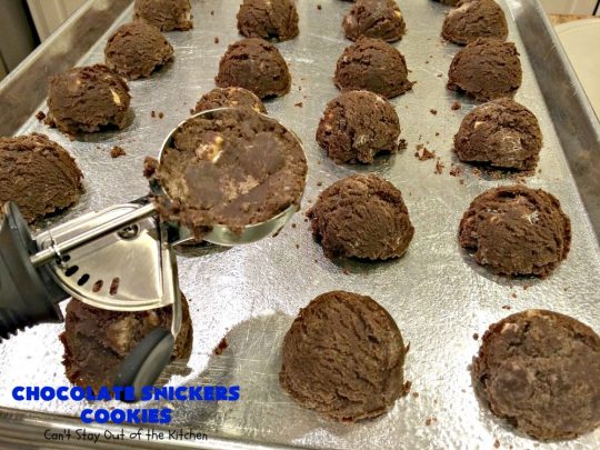 Chocolate Snickers Cookies | Can't Stay Out of the Kitchen | these #chocolate #cookies are fantastic. They're loaded with #SnickersBars so they're filled with #caramel nougat & #peanuts. Terrific for #tailgating or office parties, potlucks or #holiday baking & a #ChristmasCookie Exchange. #dessert #ChocolateDessert #SnickersDessert #HolidayDessert #Snickers #ChocolateSnickersCookies