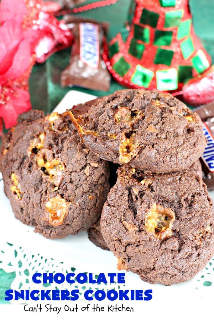 Chocolate Snickers Cookies | Can't Stay Out of the Kitchen | these #chocolate #cookies are fantastic. They're loaded with #SnickersBars so they're filled with #caramel nougat & #peanuts. Terrific for #tailgating or office parties, potlucks or #holiday baking & a #ChristmasCookie Exchange. #dessert #ChocolateDessert #SnickersDessert #HolidayDessert #Snickers #ChocolateSnickersCookies