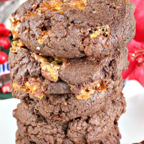 Chocolate Snickers Cookies | Can't Stay Out of the Kitchen | these #chocolate #cookies are fantastic. They're loaded with #SnickersBars so they're filled with #caramel nougat & #peanuts. Terrific for #tailgating or office parties, potlucks or #holiday baking & a #ChristmasCookie Exchange. #dessert #ChocolateDessert #SnickersDessert #HolidayDessert #Snickers #ChocolateSnickersCookies