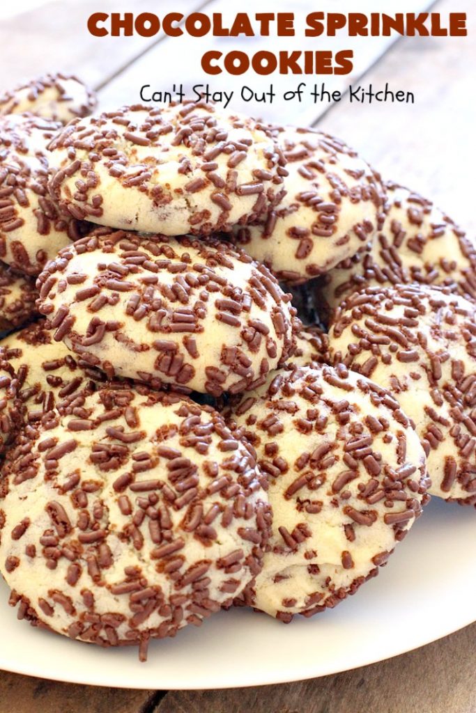 Chocolate Sprinkle Cookies | Can't Stay Out of the Kitchen | these fantastic #SugarCookies are filled with #chocolate #sprinkles. Then they're rolled in more sprinkles before baking. They are soft, rich, melt-in-your-mouth heavenly #cookies! Every bite will have you drooling. #dessert #Holiday #ChocolateDessert #HolidayDessert #HolidayBaking #ChocolateSprinkles #ChristmasCookieExchange #Tailgating #ValentinesDayDessert #TailgatingDessert