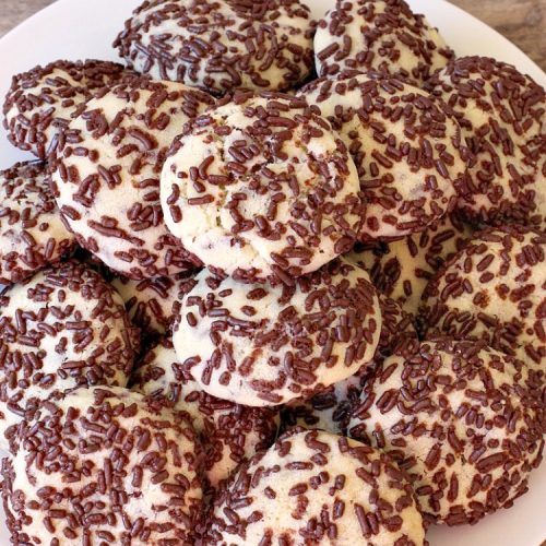 Chocolate Sprinkle Cookies | Can't Stay Out of the Kitchen | these fantastic #SugarCookies are filled with #chocolate #sprinkles. Then they're rolled in more sprinkles before baking. They are soft, rich, melt-in-your-mouth heavenly #cookies! Every bite will have you drooling. #dessert #Holiday #ChocolateDessert #HolidayDessert #HolidayBaking #ChocolateSprinkles #ChristmasCookieExchange #Tailgating #ValentinesDayDessert #TailgatingDessert