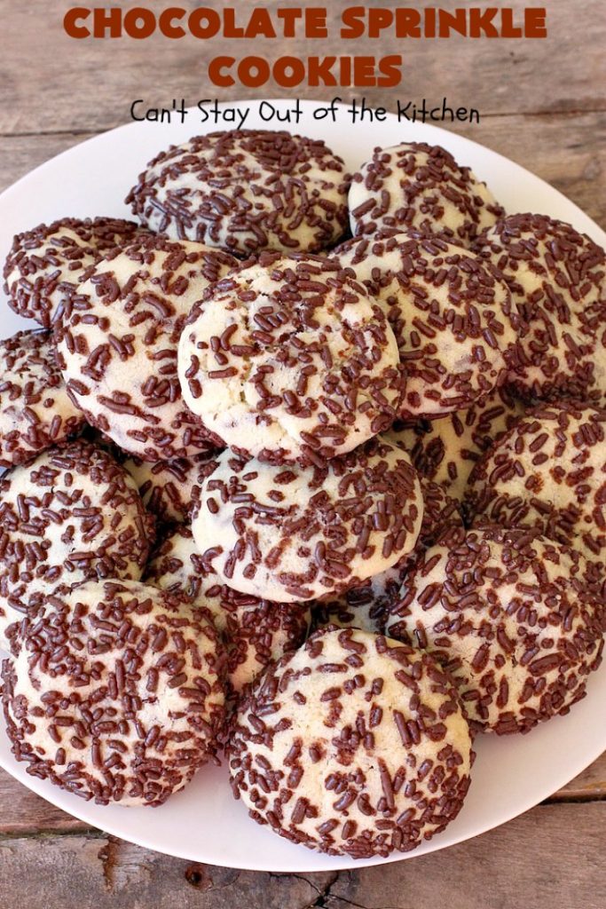 Chocolate Sprinkle Cookies | Can't Stay Out of the Kitchen | these fantastic #SugarCookies are filled with #chocolate #sprinkles. Then they're rolled in more sprinkles before baking. They are soft, rich, melt-in-your-mouth heavenly #cookies! Every bite will have you drooling. #dessert #Holiday #ChocolateDessert #HolidayDessert #HolidayBaking #ChocolateSprinkles #ChristmasCookieExchange #Tailgating #ValentinesDayDessert #TailgatingDessert