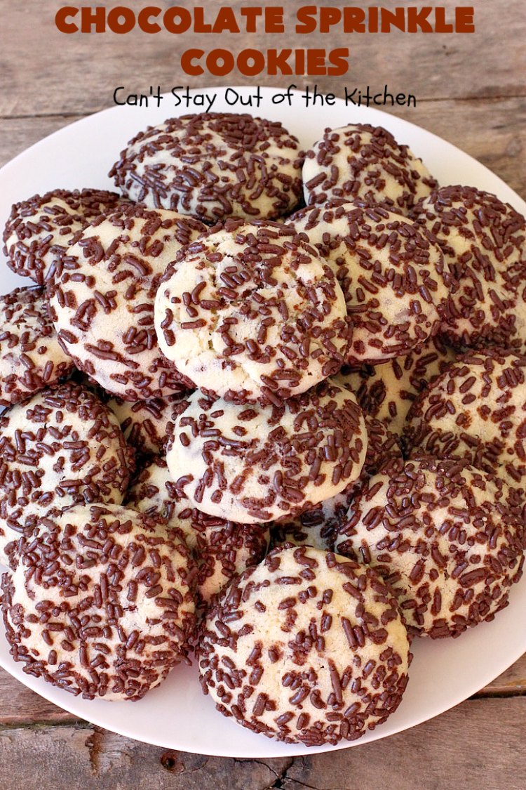 Chocolate Sprinkle Cookies | Can't Stay Out of the Kitchen | these fantastic #SugarCookies are filled with #chocolate #sprinkles. Then they're rolled in more sprinkles before baking. They are soft, rich, melt-in-your-mouth heavenly #cookies! Every bite will have you drooling. #dessert #Holiday #ChocolateDessert #HolidayDessert #HolidayBaking #ChocolateSprinkles #ChristmasCookieExchange #Tailgating #ValentinesDayDessert #TailgatingDessert