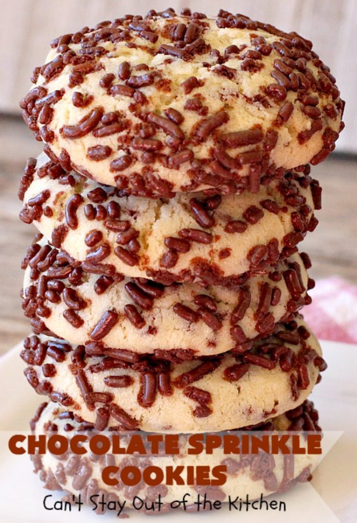 Chocolate Sprinkle Cookies | Can't Stay Out of the Kitchen | these fantastic #SugarCookies are filled with #chocolate #sprinkles. Then they're rolled in more sprinkles before baking. They are soft, rich, melt-in-your-mouth heavenly #cookies! Every bite will have you drooling. #dessert #Holiday #ChocolateDessert #HolidayDessert #HolidayBaking #ChocolateSprinkles #ChristmasCookieExchange #Tailgating #ValentinesDayDessert #TailgatingDessert