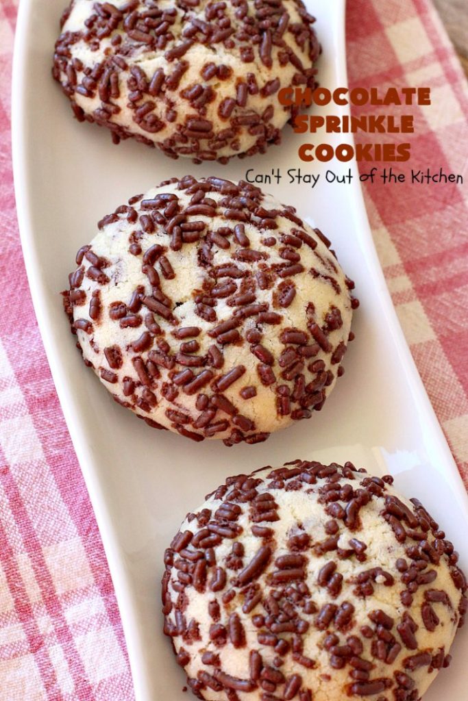 Chocolate Sprinkle Cookies | Can't Stay Out of the Kitchen | these fantastic #SugarCookies are filled with #chocolate #sprinkles. Then they're rolled in more sprinkles before baking. They are soft, rich, melt-in-your-mouth heavenly #cookies! Every bite will have you drooling. #dessert #Holiday #ChocolateDessert #HolidayDessert #HolidayBaking #ChocolateSprinkles #ChristmasCookieExchange #Tailgating #ValentinesDayDessert #TailgatingDessert