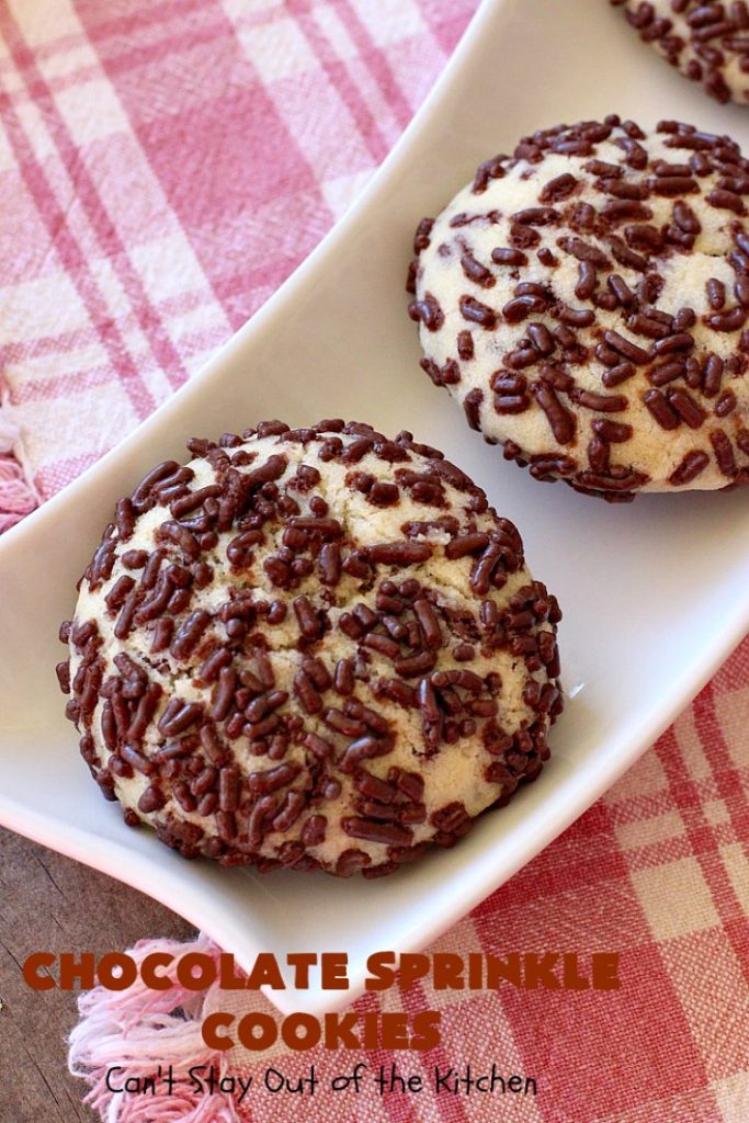 Chocolate Sprinkle Cookies | Can't Stay Out of the Kitchen | these fantastic #SugarCookies are filled with #chocolate #sprinkles. Then they're rolled in more sprinkles before baking. They are soft, rich, melt-in-your-mouth heavenly #cookies! Every bite will have you drooling. #dessert #Holiday #ChocolateDessert #HolidayDessert #HolidayBaking #ChocolateSprinkles #ChristmasCookieExchange #Tailgating #ValentinesDayDessert #TailgatingDessert