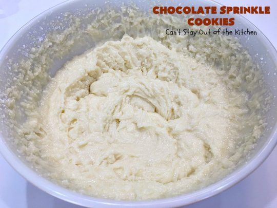 Chocolate Sprinkle Cookies | Can't Stay Out of the Kitchen | these fantastic #SugarCookies are filled with #chocolate #sprinkles. Then they're rolled in more sprinkles before baking. They are soft, rich, melt-in-your-mouth heavenly #cookies! Every bite will have you drooling. #dessert #Holiday #ChocolateDessert #HolidayDessert #HolidayBaking #ChocolateSprinkles #ChristmasCookieExchange #Tailgating #ValentinesDayDessert #TailgatingDessert