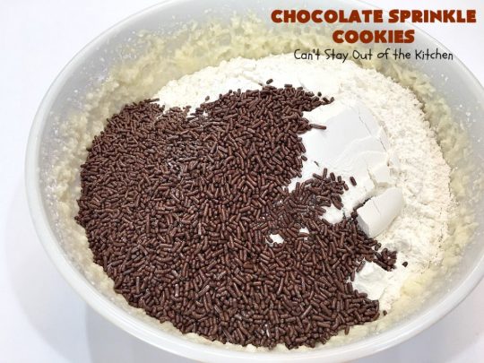 Chocolate Sprinkle Cookies | Can't Stay Out of the Kitchen | these fantastic #SugarCookies are filled with #chocolate #sprinkles. Then they're rolled in more sprinkles before baking. They are soft, rich, melt-in-your-mouth heavenly #cookies! Every bite will have you drooling. #dessert #Holiday #ChocolateDessert #HolidayDessert #HolidayBaking #ChocolateSprinkles #ChristmasCookieExchange #Tailgating #ValentinesDayDessert #TailgatingDessert