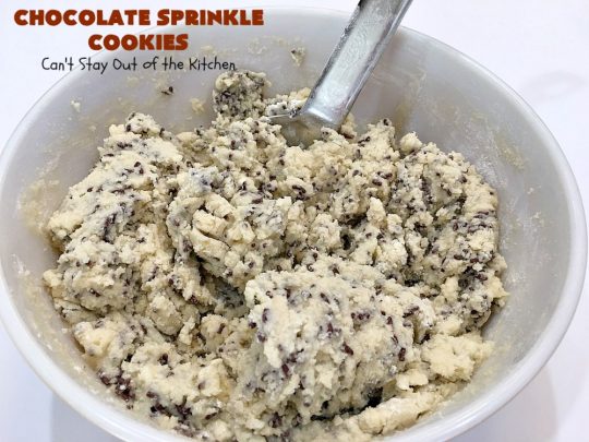 Chocolate Sprinkle Cookies | Can't Stay Out of the Kitchen | these fantastic #SugarCookies are filled with #chocolate #sprinkles. Then they're rolled in more sprinkles before baking. They are soft, rich, melt-in-your-mouth heavenly #cookies! Every bite will have you drooling. #dessert #Holiday #ChocolateDessert #HolidayDessert #HolidayBaking #ChocolateSprinkles #ChristmasCookieExchange #Tailgating #ValentinesDayDessert #TailgatingDessert