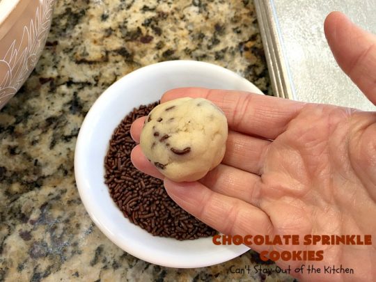 Chocolate Sprinkle Cookies | Can't Stay Out of the Kitchen | these fantastic #SugarCookies are filled with #chocolate #sprinkles. Then they're rolled in more sprinkles before baking. They are soft, rich, melt-in-your-mouth heavenly #cookies! Every bite will have you drooling. #dessert #Holiday #ChocolateDessert #HolidayDessert #HolidayBaking #ChocolateSprinkles #ChristmasCookieExchange #Tailgating #ValentinesDayDessert #TailgatingDessert