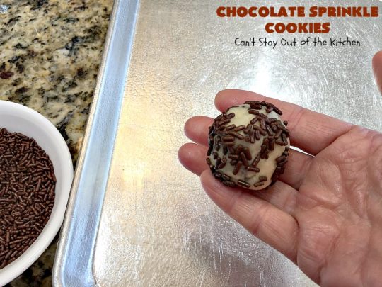 Chocolate Sprinkle Cookies | Can't Stay Out of the Kitchen | these fantastic #SugarCookies are filled with #chocolate #sprinkles. Then they're rolled in more sprinkles before baking. They are soft, rich, melt-in-your-mouth heavenly #cookies! Every bite will have you drooling. #dessert #Holiday #ChocolateDessert #HolidayDessert #HolidayBaking #ChocolateSprinkles #ChristmasCookieExchange #Tailgating #ValentinesDayDessert #TailgatingDessert