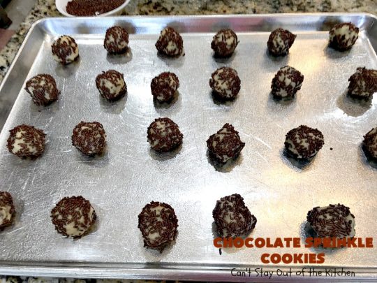 Chocolate Sprinkle Cookies | Can't Stay Out of the Kitchen | these fantastic #SugarCookies are filled with #chocolate #sprinkles. Then they're rolled in more sprinkles before baking. They are soft, rich, melt-in-your-mouth heavenly #cookies! Every bite will have you drooling. #dessert #Holiday #ChocolateDessert #HolidayDessert #HolidayBaking #ChocolateSprinkles #ChristmasCookieExchange #Tailgating #ValentinesDayDessert #TailgatingDessert