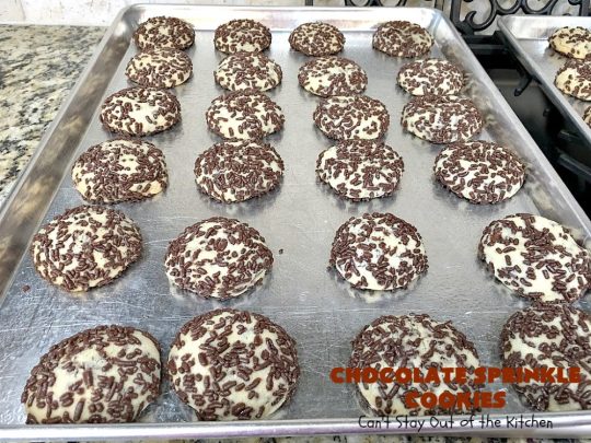 Chocolate Sprinkle Cookies | Can't Stay Out of the Kitchen | these fantastic #SugarCookies are filled with #chocolate #sprinkles. Then they're rolled in more sprinkles before baking. They are soft, rich, melt-in-your-mouth heavenly #cookies! Every bite will have you drooling. #dessert #Holiday #ChocolateDessert #HolidayDessert #HolidayBaking #ChocolateSprinkles #ChristmasCookieExchange #Tailgating #ValentinesDayDessert #TailgatingDessert