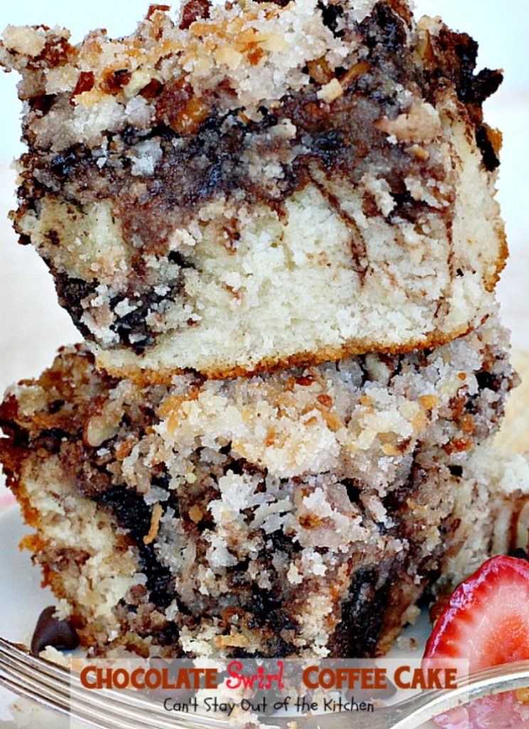 Chocolate Swirl Coffee Cake | Can't Stay Out of the Kitchen | this amazing #coffeecake has a marbled #chocolate layer and topped with a #coconut & pecan streusel topping. Love this for a #holiday #breakfast.