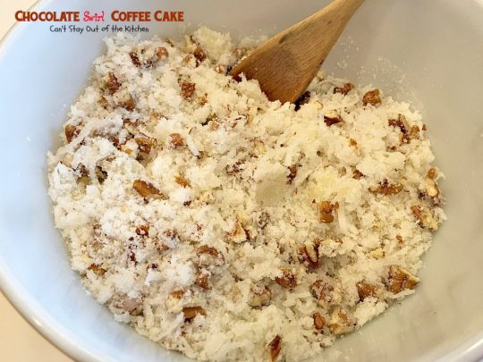 Chocolate Swirl Coffee Cake | Can't Stay Out of the Kitchen | this amazing #coffeecake has a marbled #chocolate layer and topped with a #coconut & pecan streusel topping. Love this for a #holiday #breakfast.